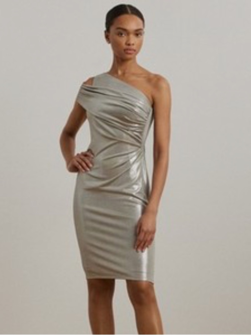 Lauren Ralph Lauren One-Shoulder Metallic Silver Sheath Dress